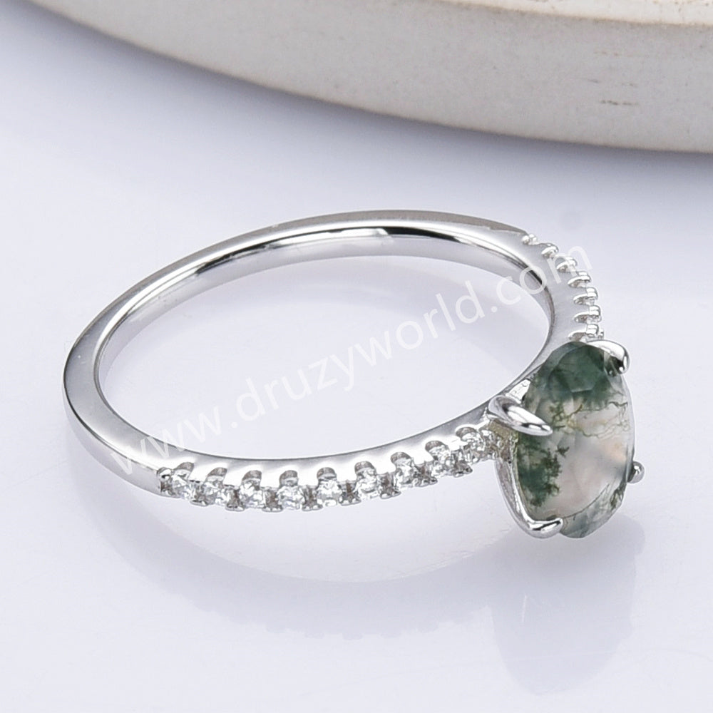 925 Sterling Silver Oval Moss Agate Zircon Ring Fashion Jewelry SS304-2