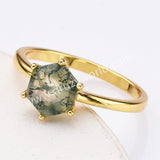 925 Sterling Silver Gold Hexagon Moss Agate Ring Gemstone Jewelry SS305