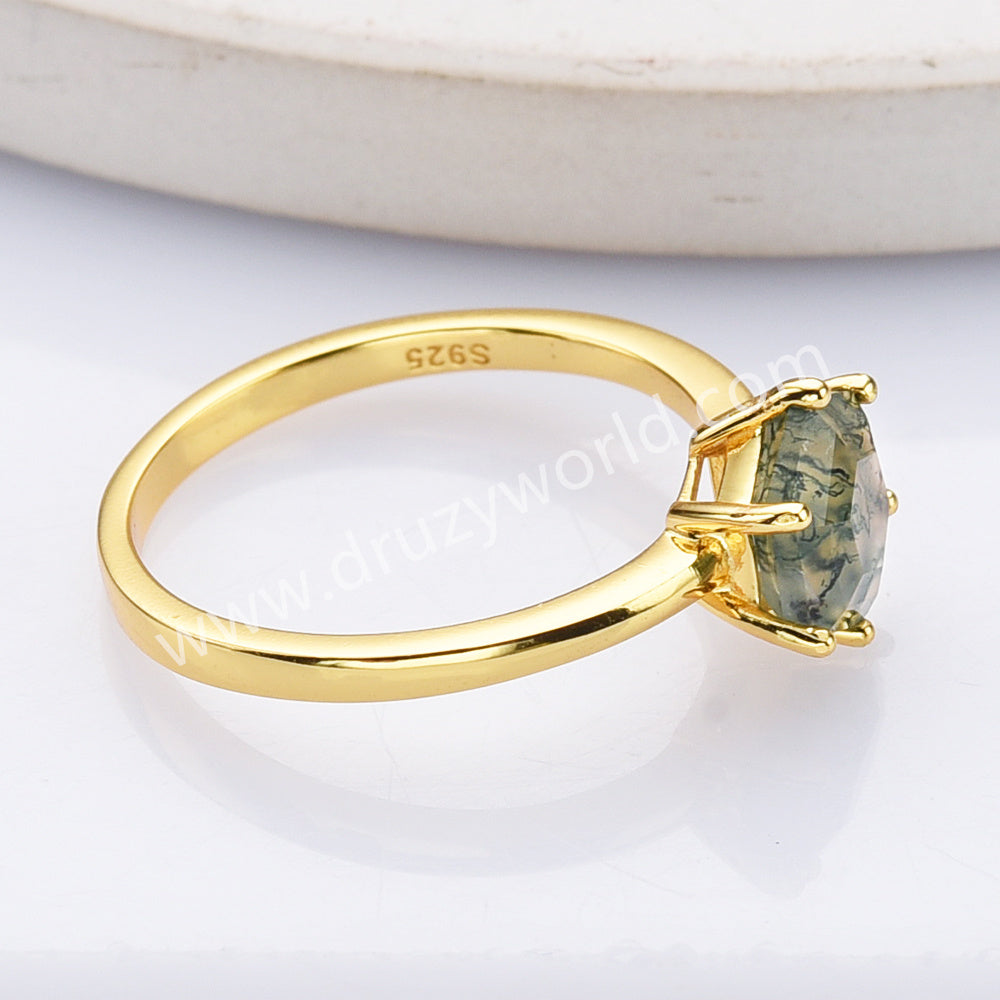 925 Sterling Silver Gold Hexagon Moss Agate Ring Gemstone Jewelry SS305