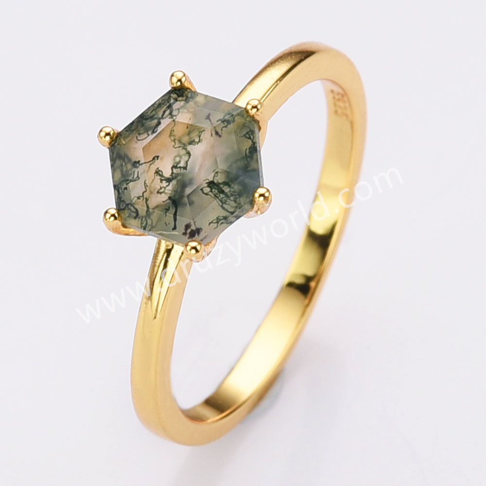 925 Sterling Silver Gold Hexagon Moss Agate Ring Gemstone Jewelry SS305