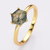 925 Sterling Silver Gold Hexagon Moss Agate Ring Gemstone Jewelry SS305