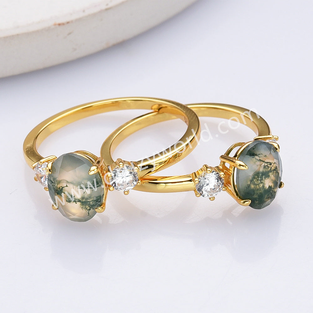 925 Sterling Silver Gold Oval Moss Agate Zircon Ring Fashion Jewelry SS306-1