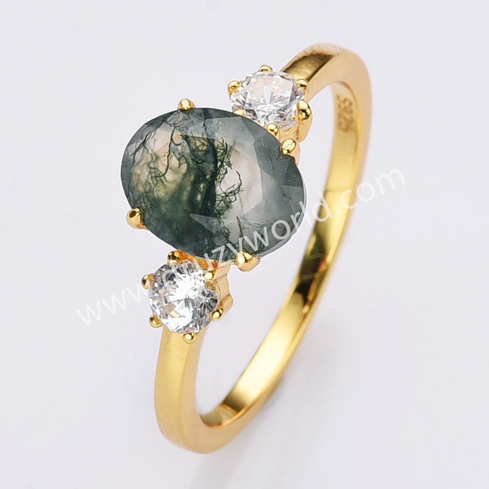 925 Sterling Silver Gold Oval Moss Agate Zircon Ring Fashion Jewelry SS306-1