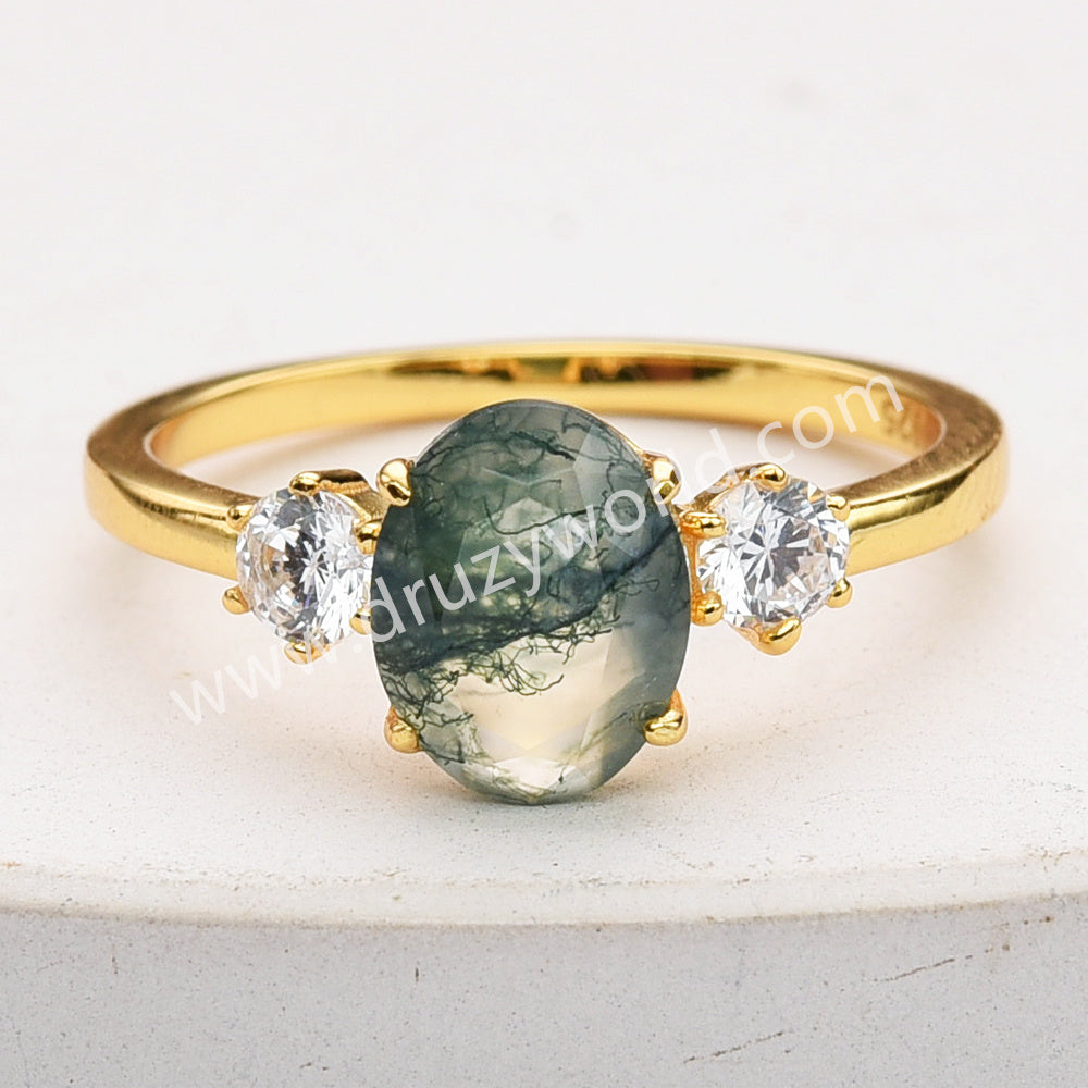 925 Sterling Silver Gold Oval Moss Agate Zircon Ring Fashion Jewelry SS306-1