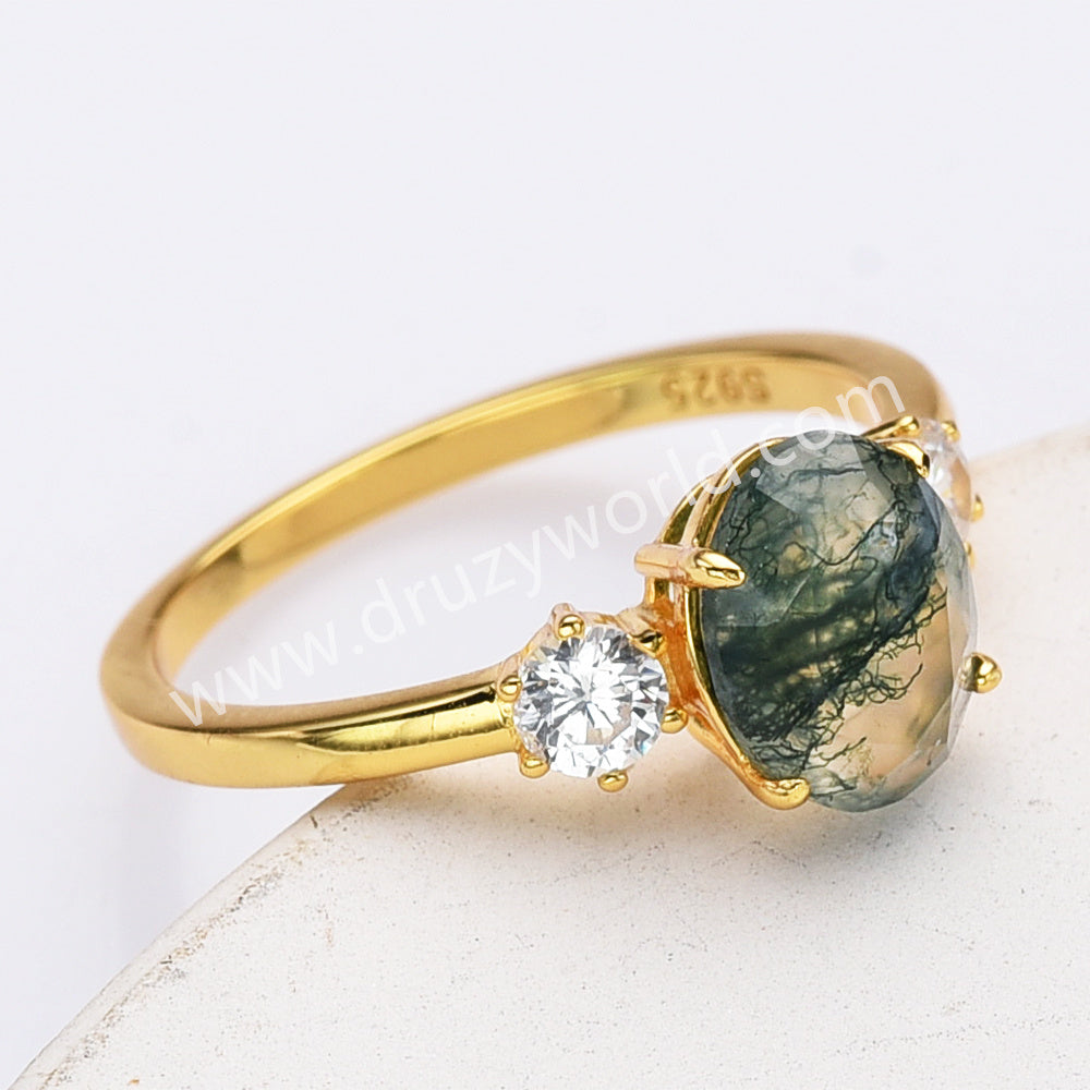 925 Sterling Silver Gold Oval Moss Agate Zircon Ring Fashion Jewelry SS306-1