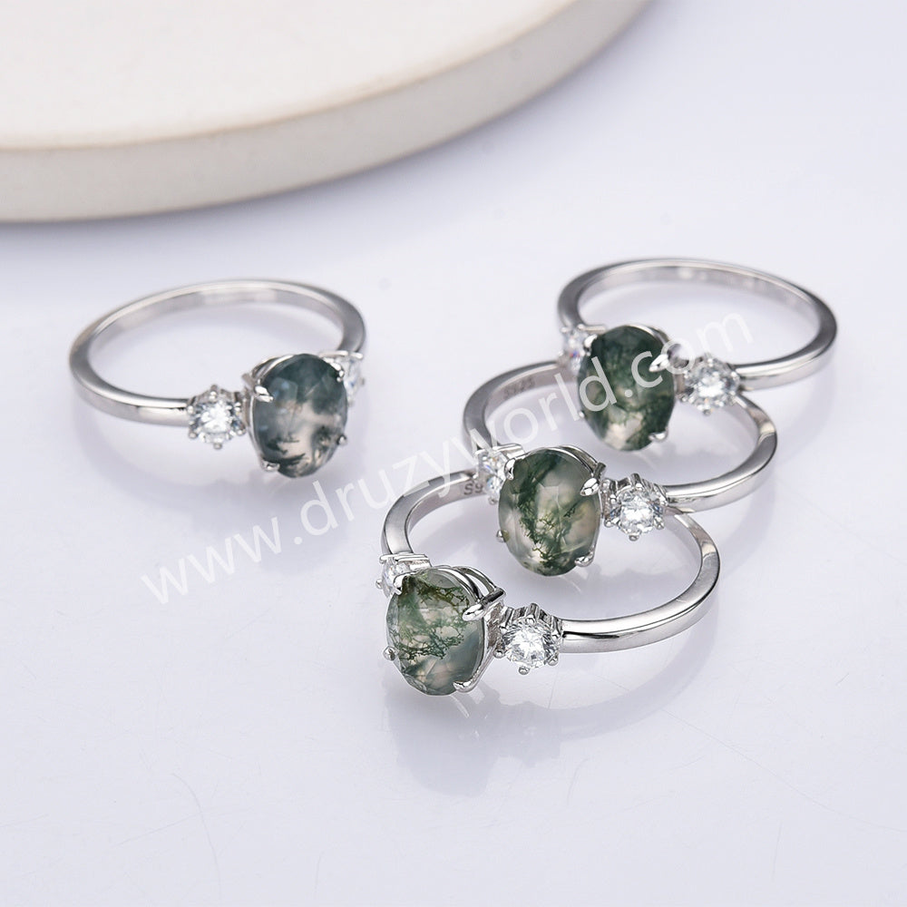 925 Sterling Silver Oval Moss Agate Zircon Ring Dainty Jewelry SS306-2