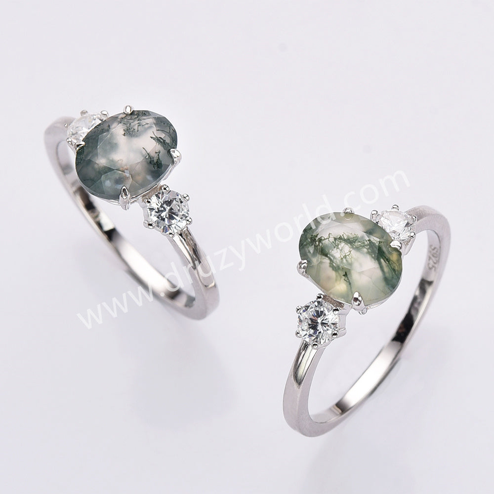 925 Sterling Silver Oval Moss Agate Zircon Ring Dainty Jewelry SS306-2