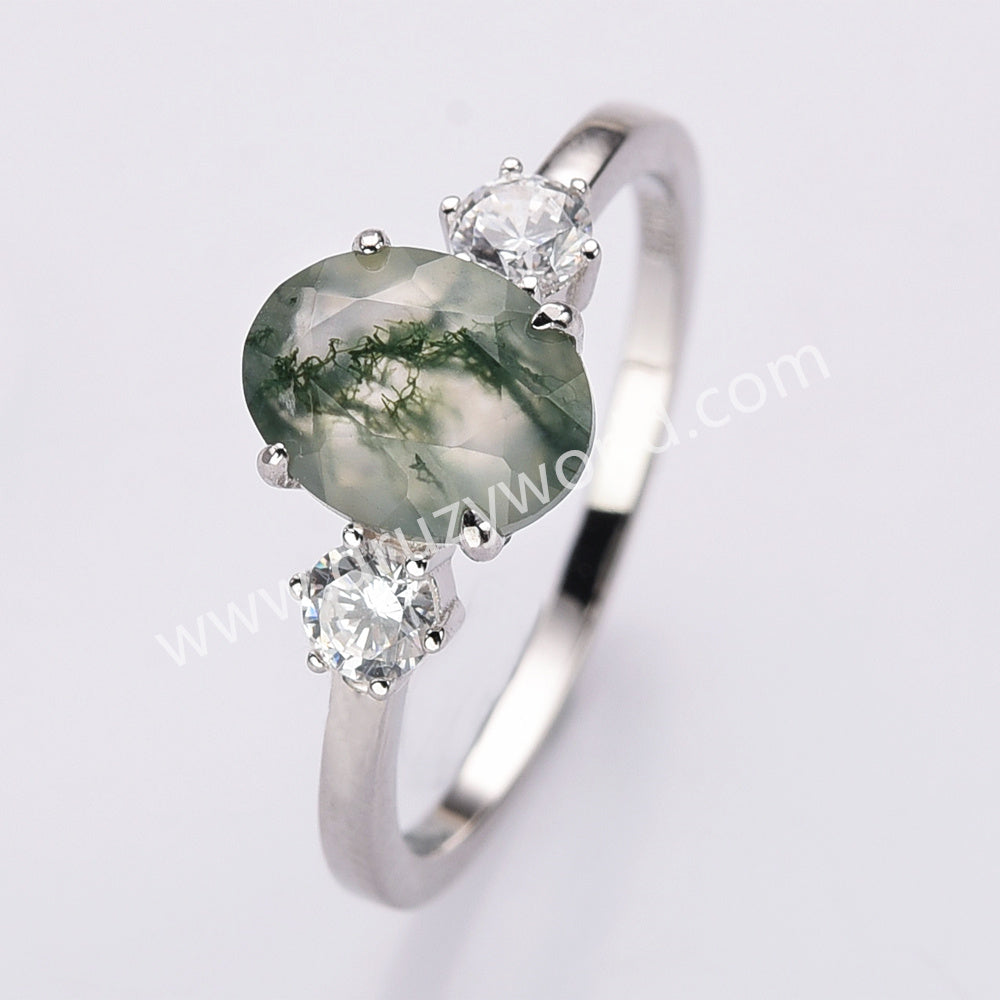 Dainty 925 Sterling Silver Oval Moss Agate Zircon Ring SS306-2