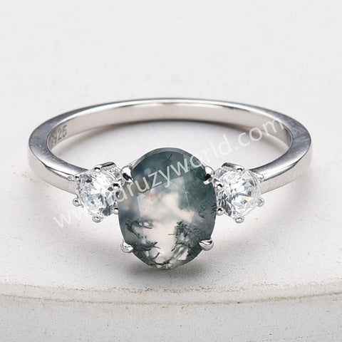 925 Sterling Silver Oval Moss Agate Zircon Ring Dainty Jewelry SS306-2