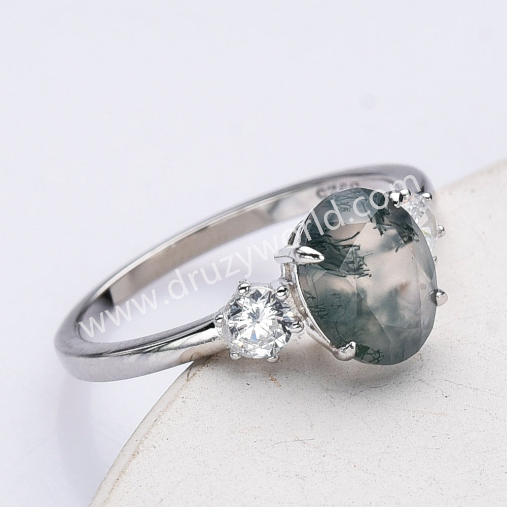 925 Sterling Silver Oval Moss Agate Zircon Ring Dainty Jewelry SS306-2