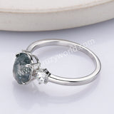 925 Sterling Silver Oval Moss Agate Zircon Ring Dainty Jewelry SS306-2