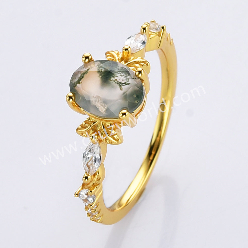 Dainty 925 Sterling Silver Gold Oval Moss Agate Zircon Ring SS307-1