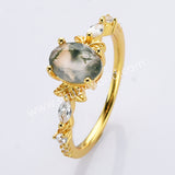 Dainty 925 Sterling Silver Gold Oval Moss Agate Zircon Ring SS307-1