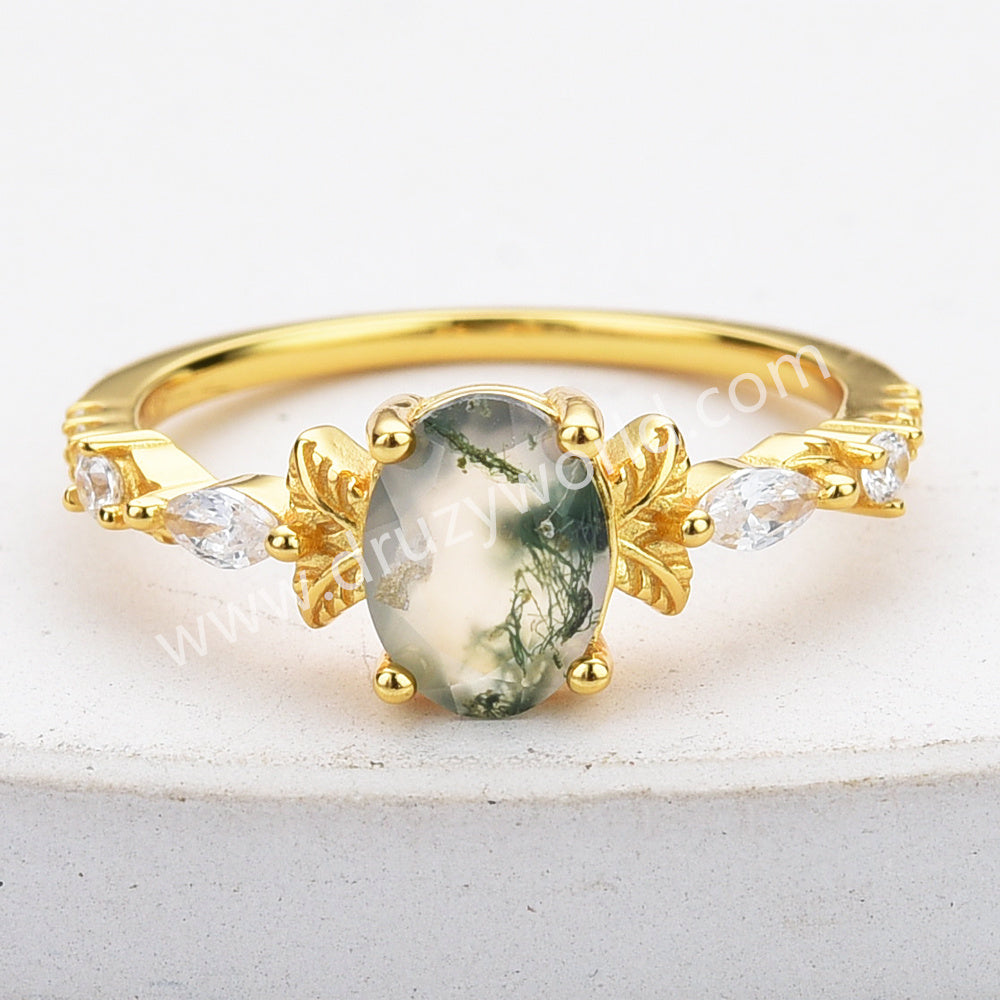 Dainty 925 Sterling Silver Gold Oval Moss Agate Zircon Ring SS307-1