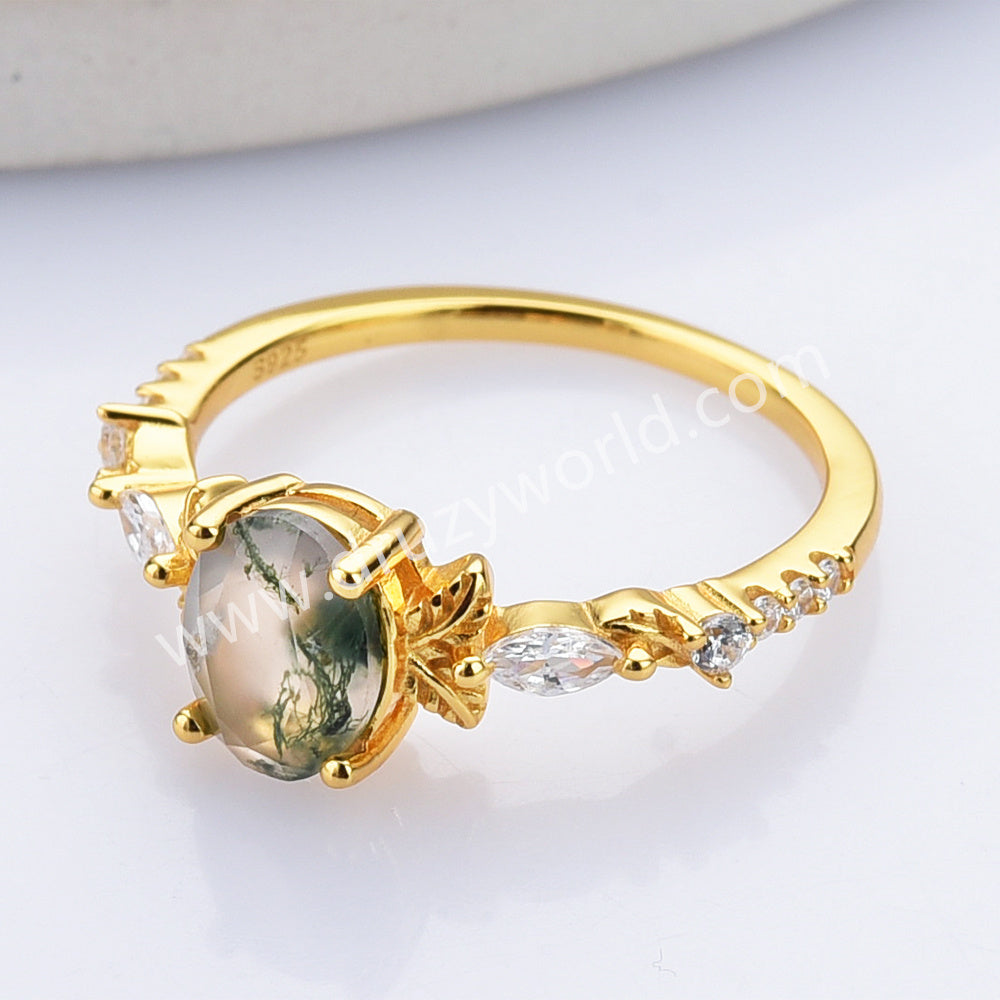 Dainty 925 Sterling Silver Gold Oval Moss Agate Zircon Ring SS307-1