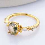 Dainty 925 Sterling Silver Gold Oval Moss Agate Zircon Ring SS307-1