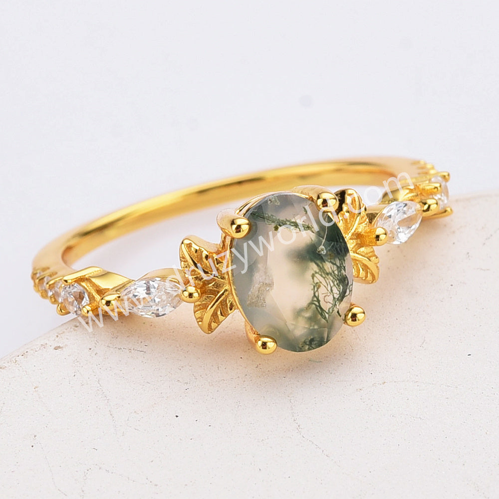 Dainty 925 Sterling Silver Gold Oval Moss Agate Zircon Ring SS307-1