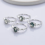 Dainty 925 Sterling Silver Oval Moss Agate Zircon Ring SS307-2