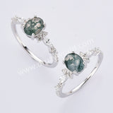 Dainty 925 Sterling Silver Oval Moss Agate Zircon Ring SS307-2