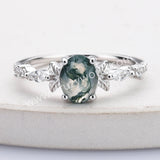 Dainty 925 Sterling Silver Oval Moss Agate Zircon Ring SS307-2