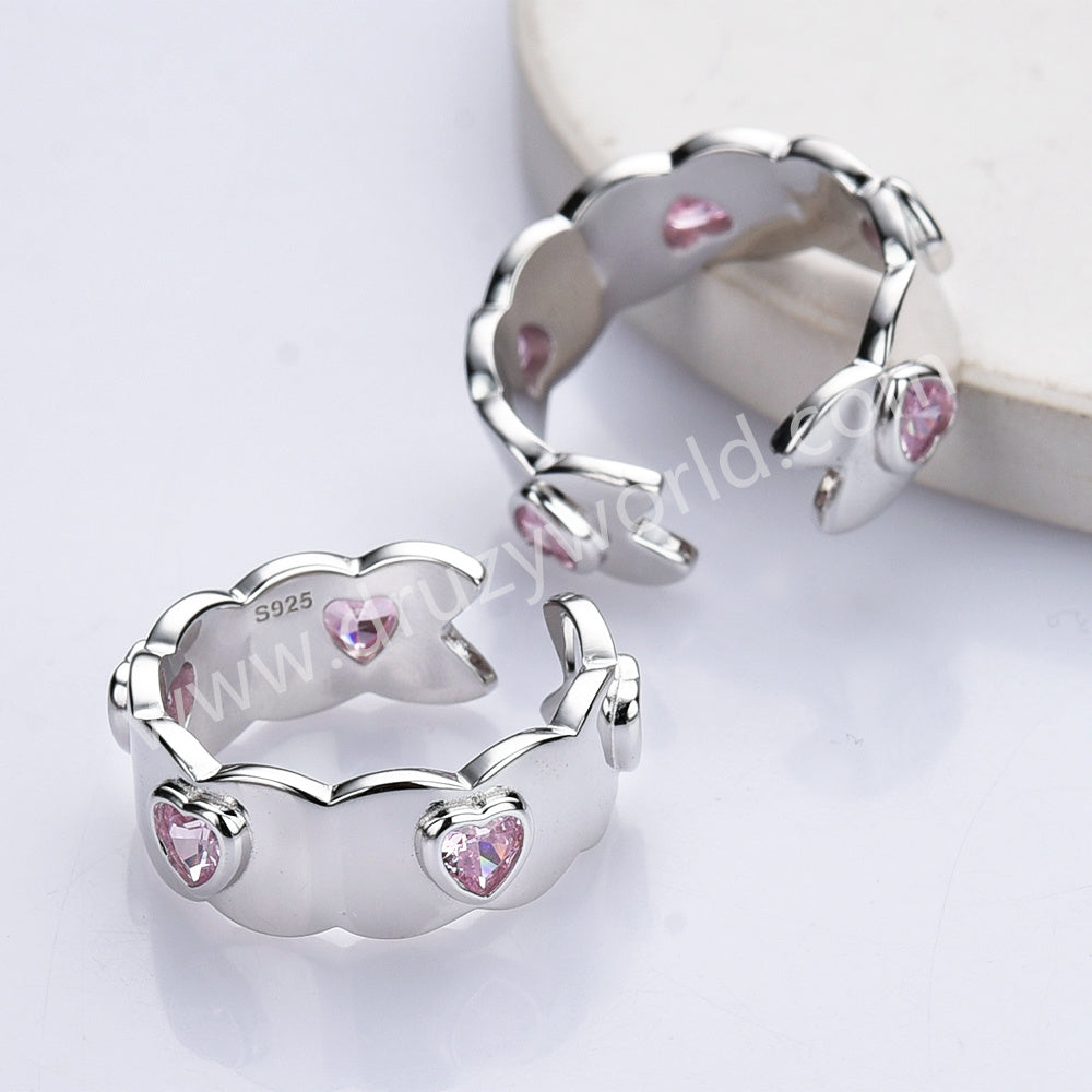 S925 Sterling Silver Pink Zircon Open Band Heart Ring, Fashion Simple Jewelry For Women SS310