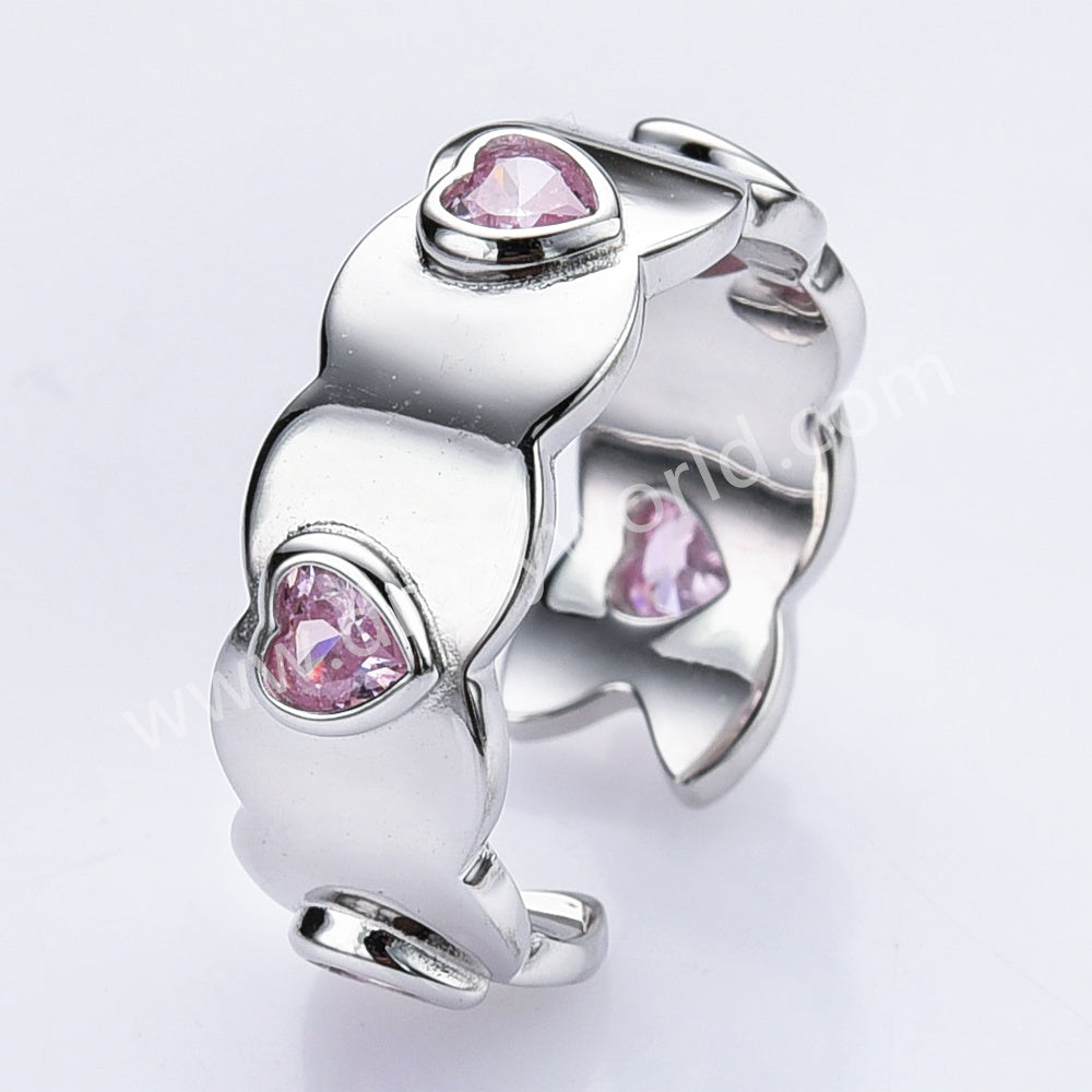 S925 Sterling Silver Pink Zircon Open Band Heart Ring, Fashion Simple Jewelry For Women SS310