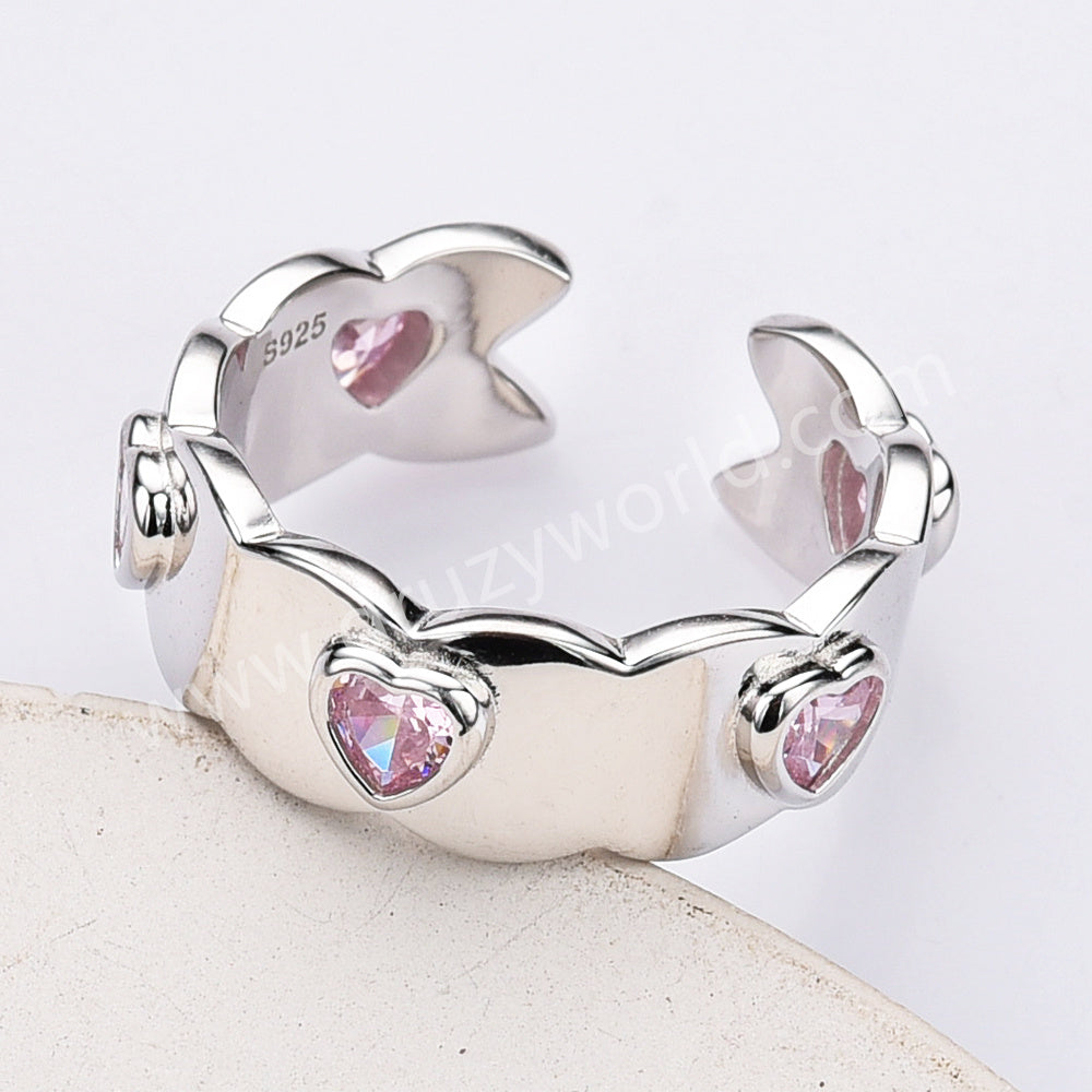 S925 Sterling Silver Pink Zircon Open Band Heart Ring, Fashion Simple Jewelry For Women SS310