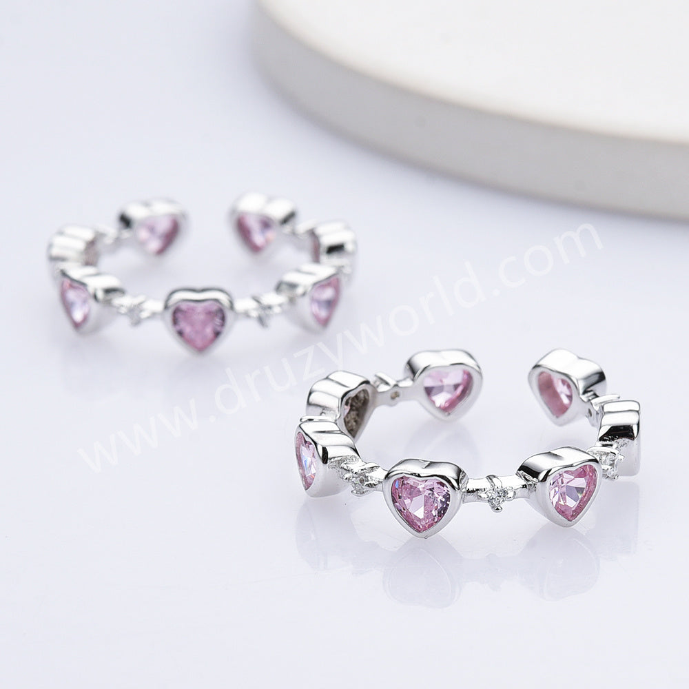 S925 Sterling Silver Pink Zircon Open Band Heart Ring, Fashion Love Jewelry For Women SS311