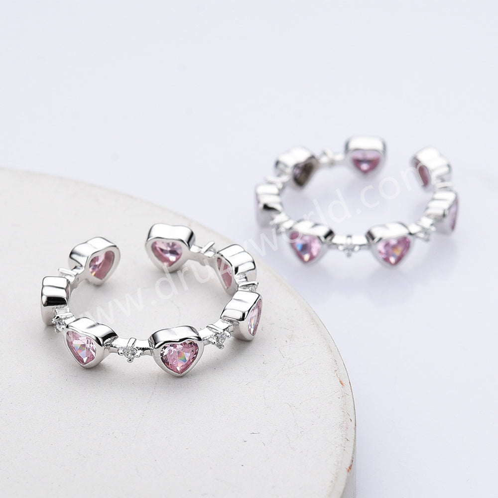 S925 Sterling Silver Pink Zircon Open Band Heart Ring, Fashion Love Jewelry For Women SS311