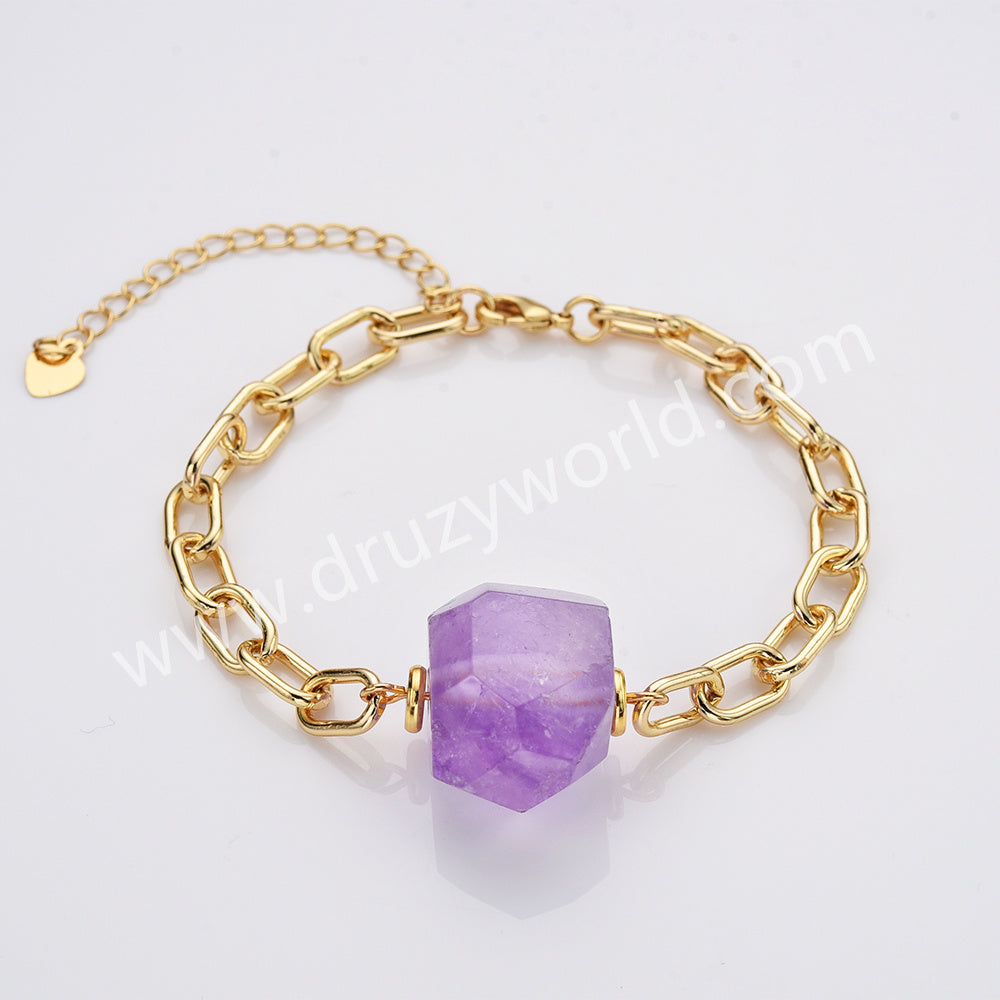 Natural Faceted Stone Gold Chain Bracelet Healing Crystal Bracelet AL786