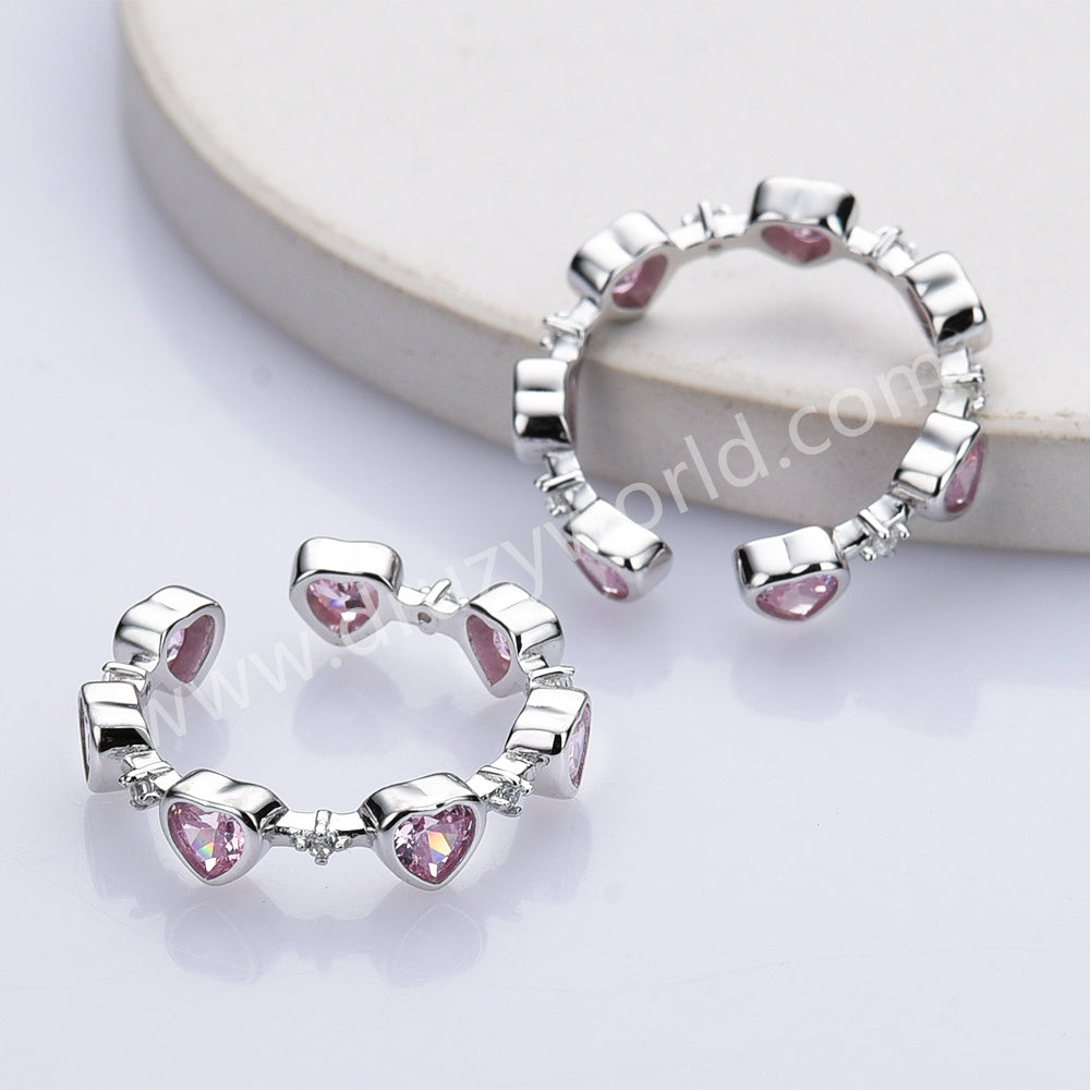 S925 Sterling Silver Pink Zircon Open Band Heart Ring, Fashion Love Jewelry For Women SS311