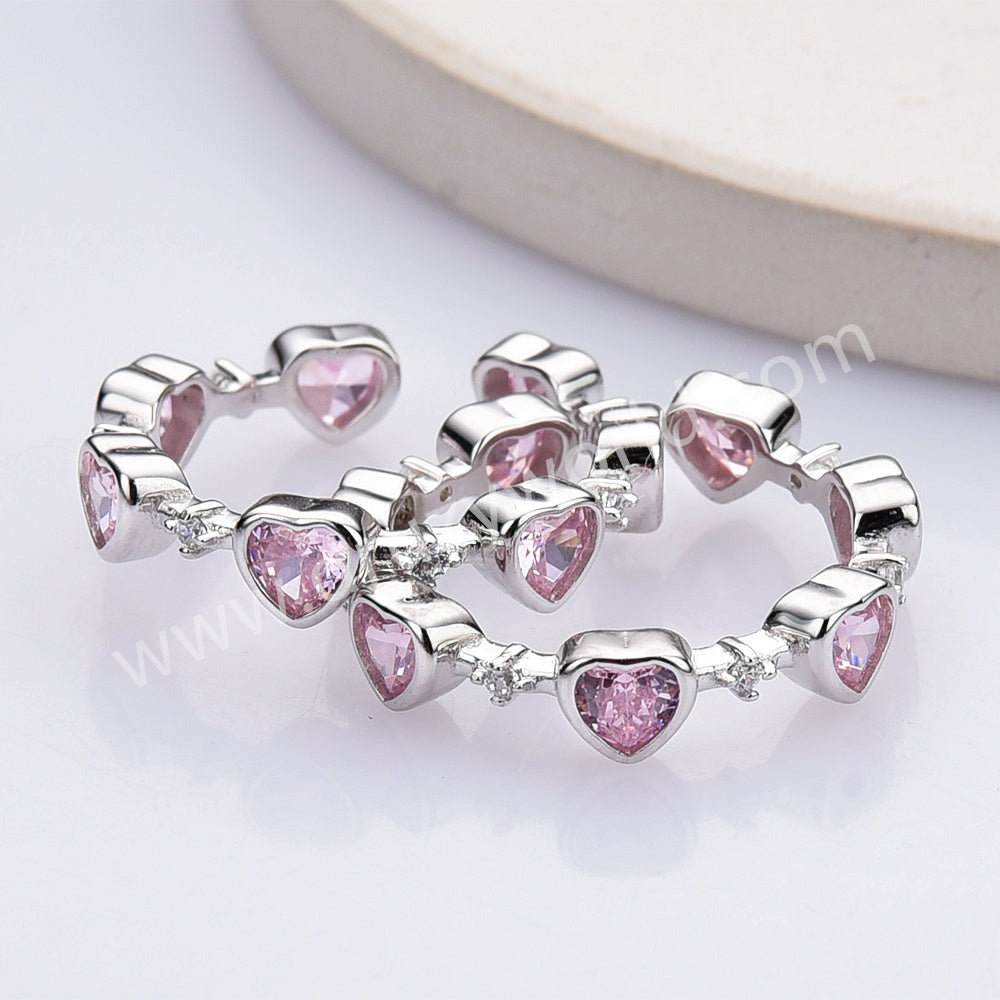 S925 Sterling Silver Pink Zircon Open Band Heart Ring, Fashion Love Jewelry For Women SS311