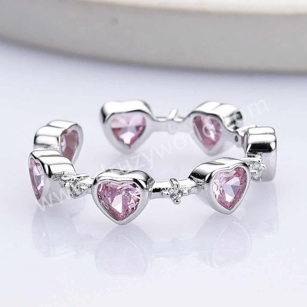 S925 Sterling Silver Pink Zircon Open Band Heart Ring, Fashion Love Jewelry For Women SS311