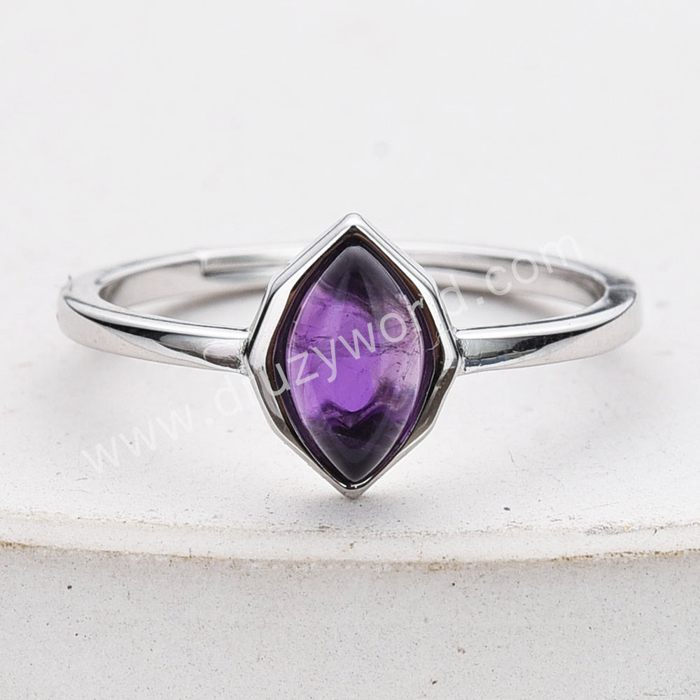 S925 Sterling Silver Marquise Gemstone Adjustable Ring Gold Plated Birthstone Jewelry For Women SS312