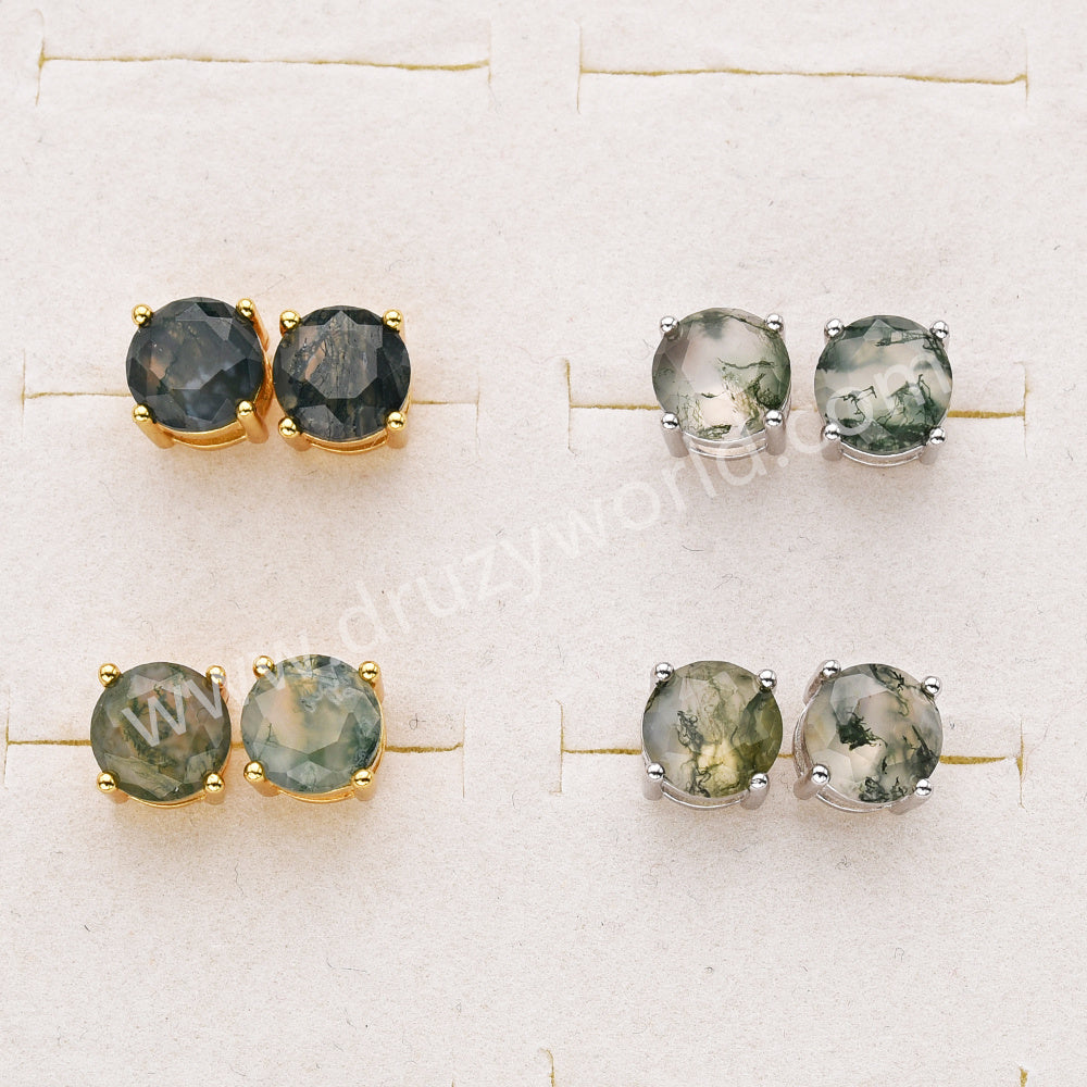925 Sterling Silver Round Natural Moss Agate Stud Earrings SS313