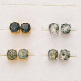 925 Sterling Silver Round Natural Moss Agate Faceted Stud Earrings in 18k Gold Plated SS313-1