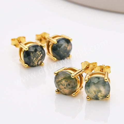 925 Sterling Silver Round Natural Moss Agate Faceted Stud Earrings in 18k Gold Plated SS313-1