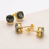 925 Sterling Silver Round Natural Moss Agate Faceted Stud Earrings in 18k Gold Plated SS313-1