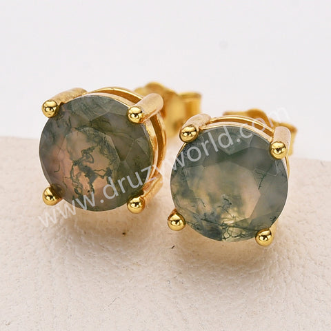 925 Sterling Silver Round Natural Moss Agate Faceted Stud Earrings in 18k Gold Plated SS313-1