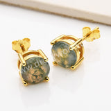 925 Sterling Silver Round Natural Moss Agate Faceted Stud Earrings in 18k Gold Plated SS313-1