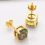 925 Sterling Silver Round Natural Moss Agate Faceted Stud Earrings in 18k Gold Plated SS313-1