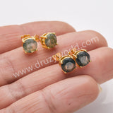 925 Sterling Silver Round Natural Moss Agate Faceted Stud Earrings in 18k Gold Plated SS313-1