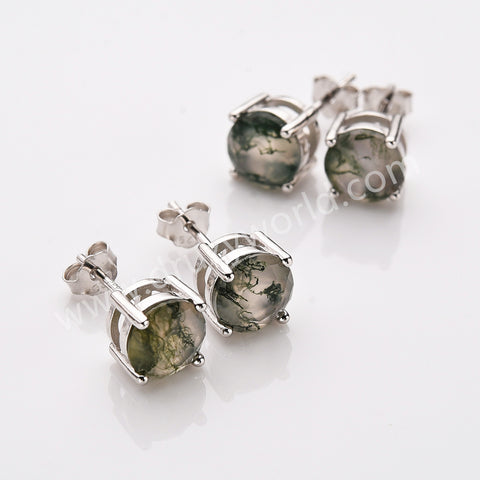 925 Sterling Silver Round Natural Moss Agate Stud Earrings, Faceted Moss Agate Gemstone Jewelry Ring SS313-2