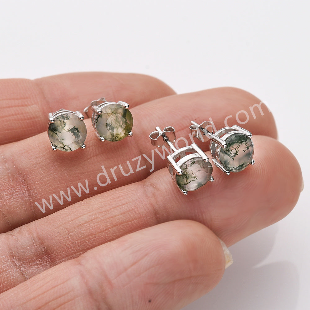 925 Sterling Silver Round Natural Moss Agate Stud Earrings SS313-2