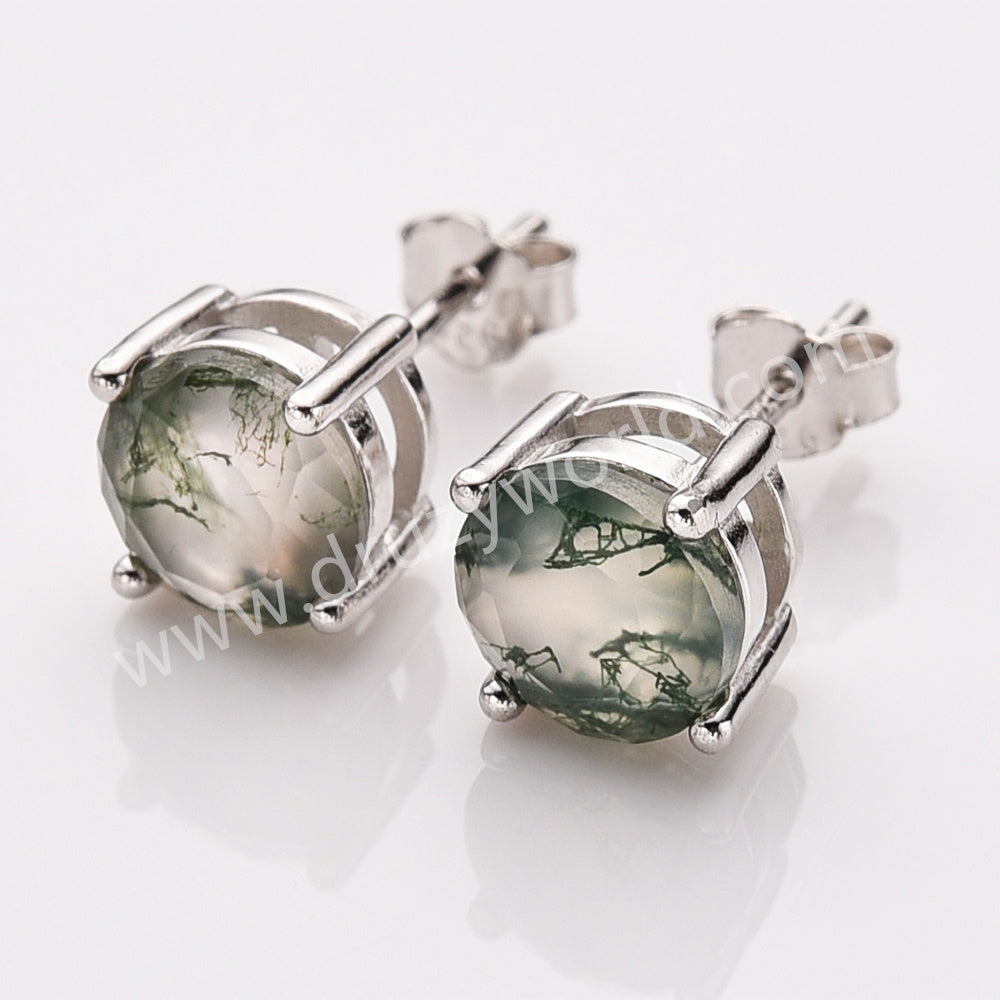 925 Sterling Silver Round Natural Moss Agate Stud Earrings SS313-2