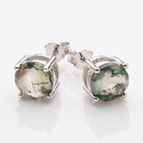 925 Sterling Silver Round Natural Moss Agate Stud Earrings, Faceted Moss Agate Gemstone Jewelry Ring SS313-2