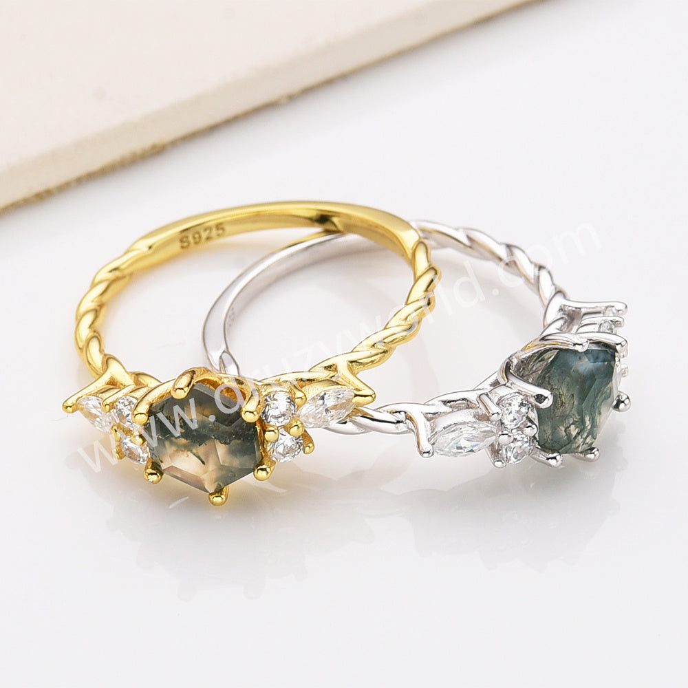 925 Sterling Silver CZ Hexagon Faceted Moss Agate Twisted Ring Zircon Ring in Gold, Natural Agate Jewelry SS314-1