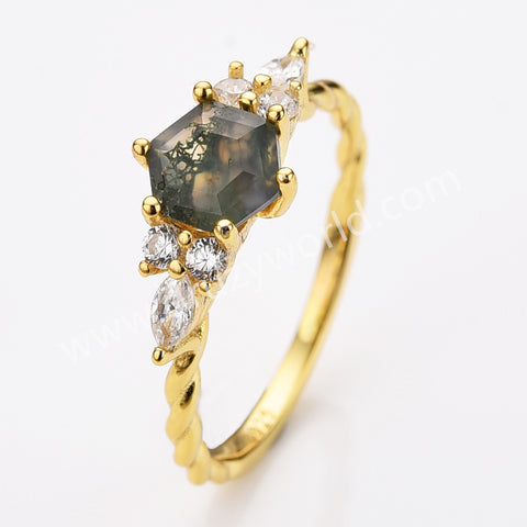 925 Sterling Silver CZ Hexagon Faceted Moss Agate Twisted Ring Zircon Ring in Gold, Natural Agate Jewelry SS314-1