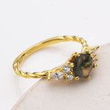 925 Sterling Silver CZ Hexagon Faceted Moss Agate Twisted Ring Zircon Ring in Gold, Natural Agate Jewelry SS314-1