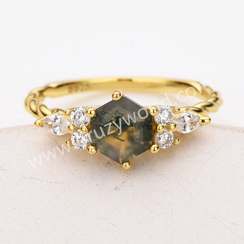 925 Sterling Silver CZ Hexagon Faceted Moss Agate Twisted Ring Zircon Ring in Gold, Natural Agate Jewelry SS314-1